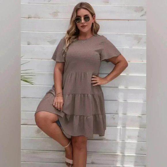 Shein Curve Size 4XL Dusty Rose Pink‎ Tiered Midi Dress Swiss Dots Short Sleeve - Picture 2 of 11